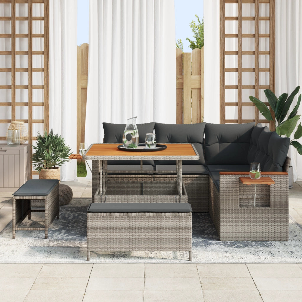 Set Divano da Giardino 8 Pezzi con Cuscini Grigio Polyrattan Acacia