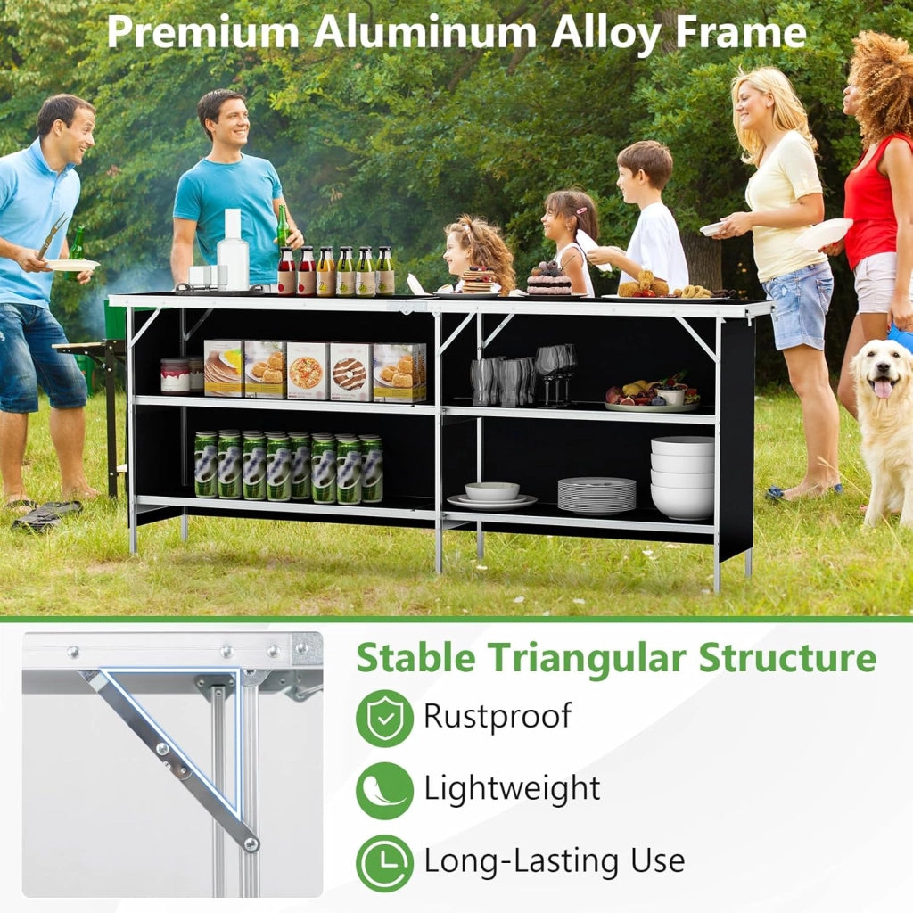 Tavolo da campeggio pieghevole con 2 ripiani, tavolo da picnic con struttura in lega di alluminio, 206 x 38 cm, schermo in tessuto Oxford, borsa da trasporto, per barbecue e campeggio