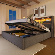 Letto matrimoniale 140x190 cm con contenitore idraulico; LED e porte USB in lino grigio