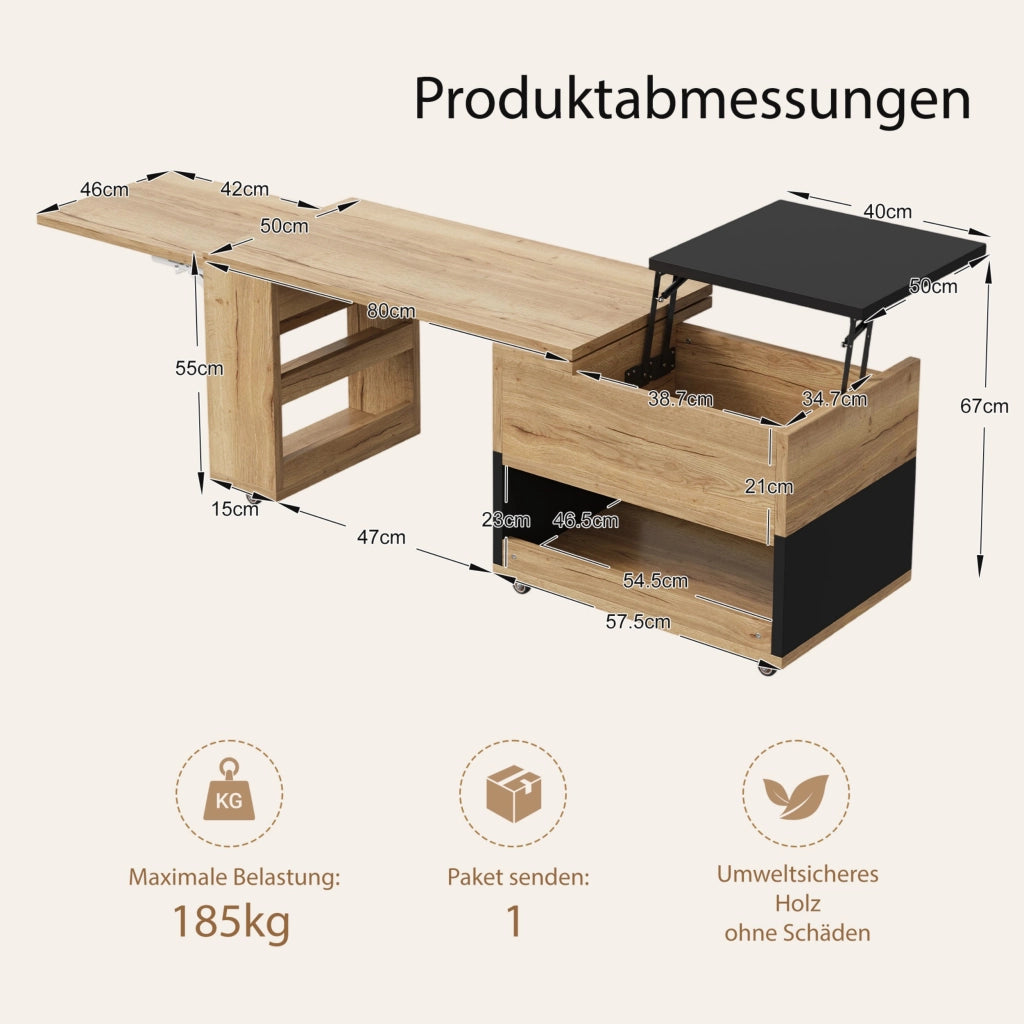 Tavolino da salotto estensibile, pannello laterale girevole a 360¡ã, piano regolabile in altezza, dotato di rotelle, disponibile nei colori legno naturale e nero