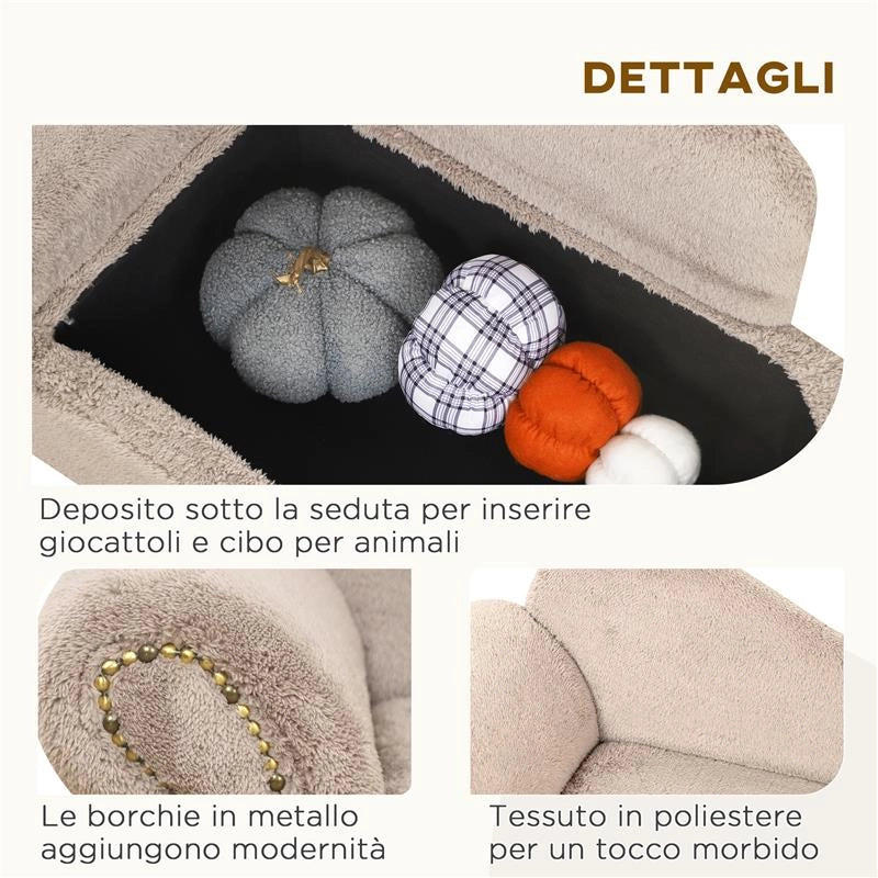 DIVANO PER CANI RIALZATO CON SPAZIO PORTAOGGETTI A SCOMPARSA, IN LEGNO E TESSUTO VELLUTATO, 80X40X46 CM, BEIGE