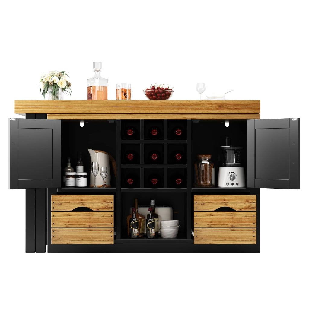Tavolo allungabile con credenza, piano girevole 360°, 1 cassetto, per cucina e soggiorno, nero, 120 × 40 × 72 cm