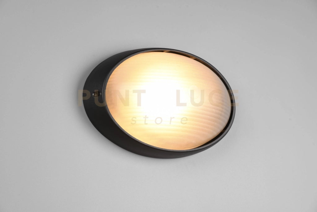 TEMO PLAFONIERA APPLIQUE DA ESTERNO OVALE FUSIONE DI ALLUMINIO NERA E VETRO SATINATO L.32CM IP44 1 LUCE ATTACCO E27