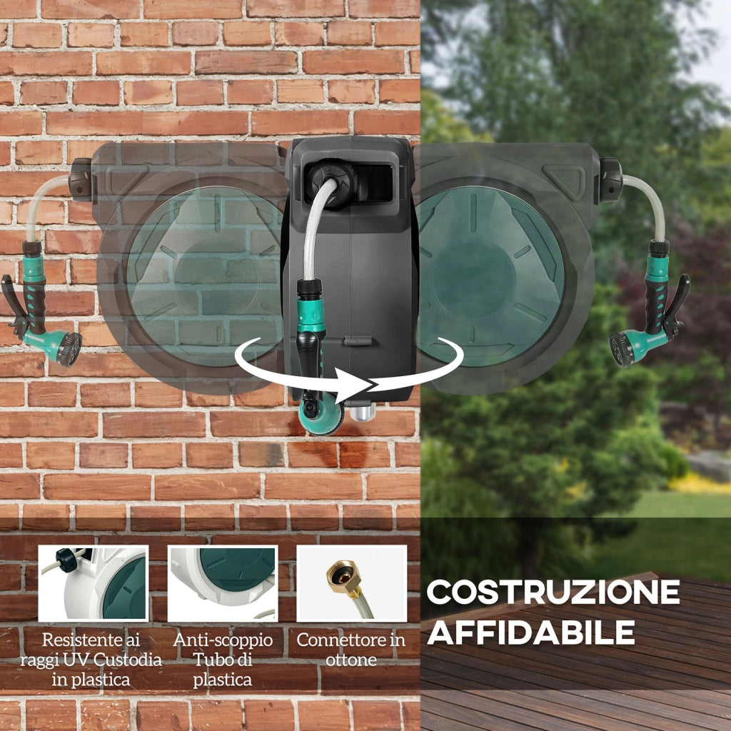 Avvolgitubo da Giardino Retrattile con Tubo dell'Acqua 30+2 m da Parete e da Manico Girevole 7 Modalità Nero