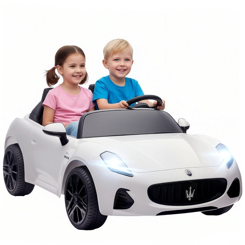 Maserati auto elettrica per bambini, 2 posti, alimentazione a batteria 12V, telecomando, luci a LED, funzione musicale, bianca