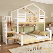 Letto a castello per bambini stile cabana con scala e ripiani LEMONMAX; 90x200 e 140x200 cm; bianco e naturale