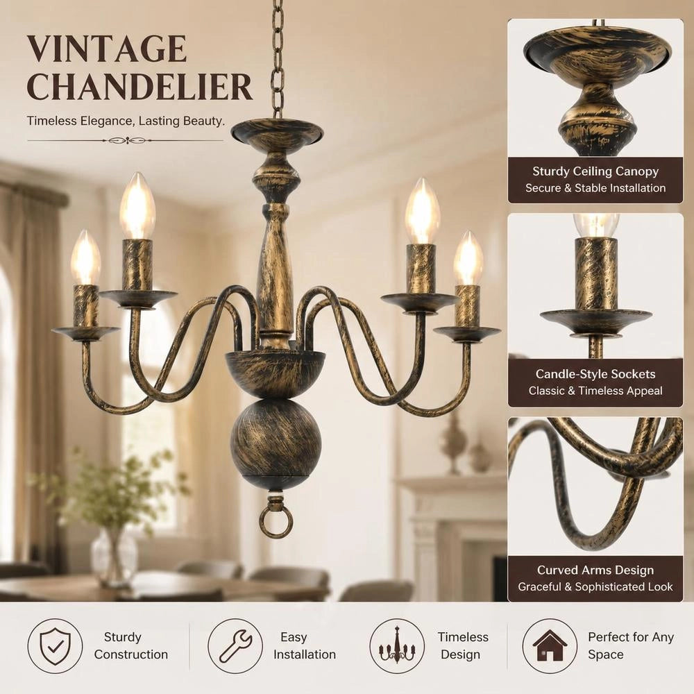 Antique Black Chandelier With 5 E14 Bulbs