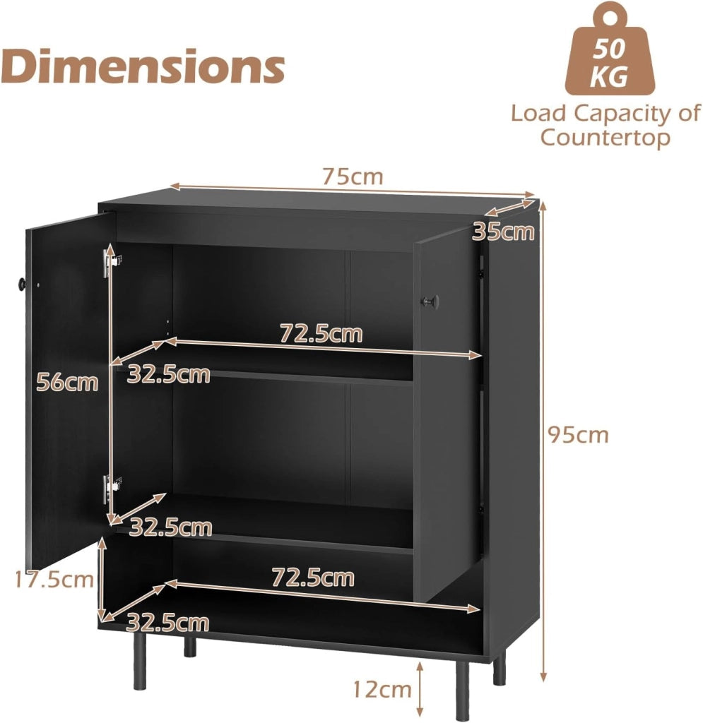 Armadio da cucina con 2 ante e 1 ripiano aperto, credenza con ripiani regolabili, credenza buffet 75 x 35 x 95 cm, armadio per soggiorno, sala da pranzo (Nero)