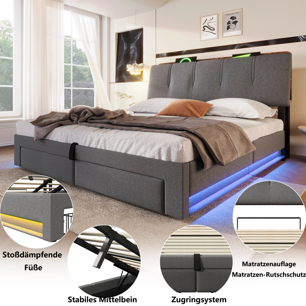 DESMIU Lit letto 140 × 200 cm 2 posti con USB, Type-C e LED, senza materasso, in lino, grigio