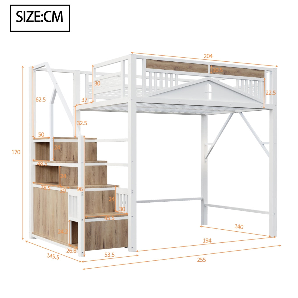 OKWISH Letto a Soppalco 140×200 cm, Letto Matrimoniale con Scala Contenitore, Armadietto e Sponda con Finestra, senza Materasso, Bianco