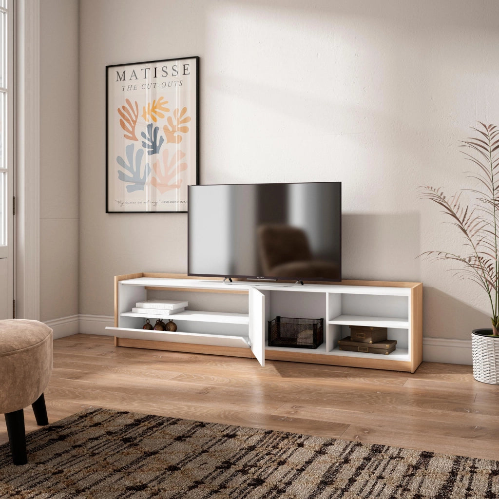 Mobile TV Soggiorno, 207x50x37 cm, Per TV fino a 80", Mobile Soggiorno, Bianco e Rovere soft