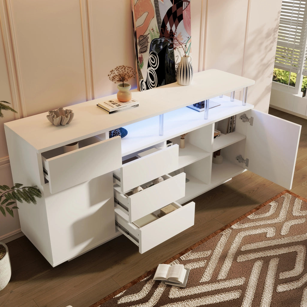 Credenza con 4 cassetti; 2 ante e LED - per soggiorno - 160×40×75 cm - bianca