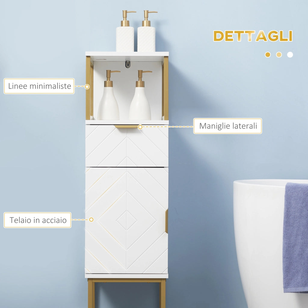 Mobile Bagno con Cassetto, Armadietto e Ripiano ¨C zephmum ¨C Legno e Metallo, Bianco, 30x30x105cm