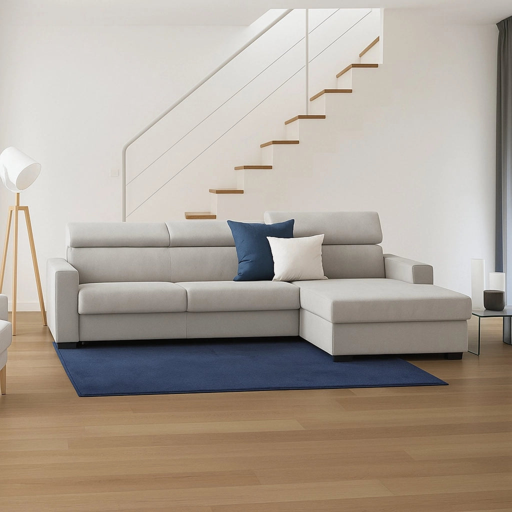 Divano fisso Angera, Divano ad angolo, Made in Italy, SofÒ  Soggiorno con chaise longue, in tessuto imbottito - Penisola contenitore Destra, con Braccioli slim, cm 280x95h85, Grigio