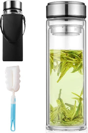Fles da Te 1 Litro Doppio Strato - Fusto di Vetro - Filtro per Tè - Fusto in Acciaio Inossidabile - Compreso Spazzolino - Resistenente allo Sfregamento e Stabilità