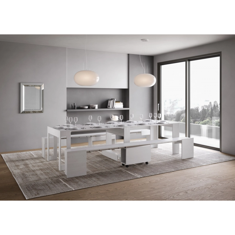 Consolle allungabile 90x42/302 Evolve con Panca inferiore e superiore 72x26/300 - Bianco Frassino