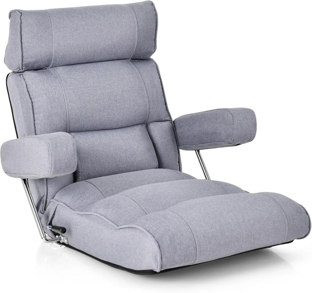 Sedia Divano Pieghevole, Poltrona Letto Singolo con Schienale Regolabile, Poggiatesta Lombare e Poggiapiedi Regolabile a 6 Posizioni, 80 x 72 x 75 cm (Grigio)