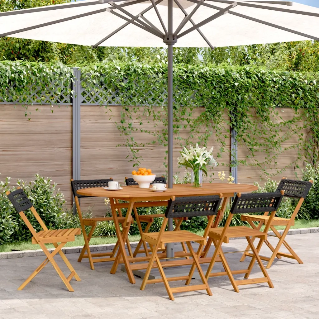 Sedie Giardino Pieghevoli 6 pz | Sedie da Esterno Nere Polyrattan e Legno Massello
