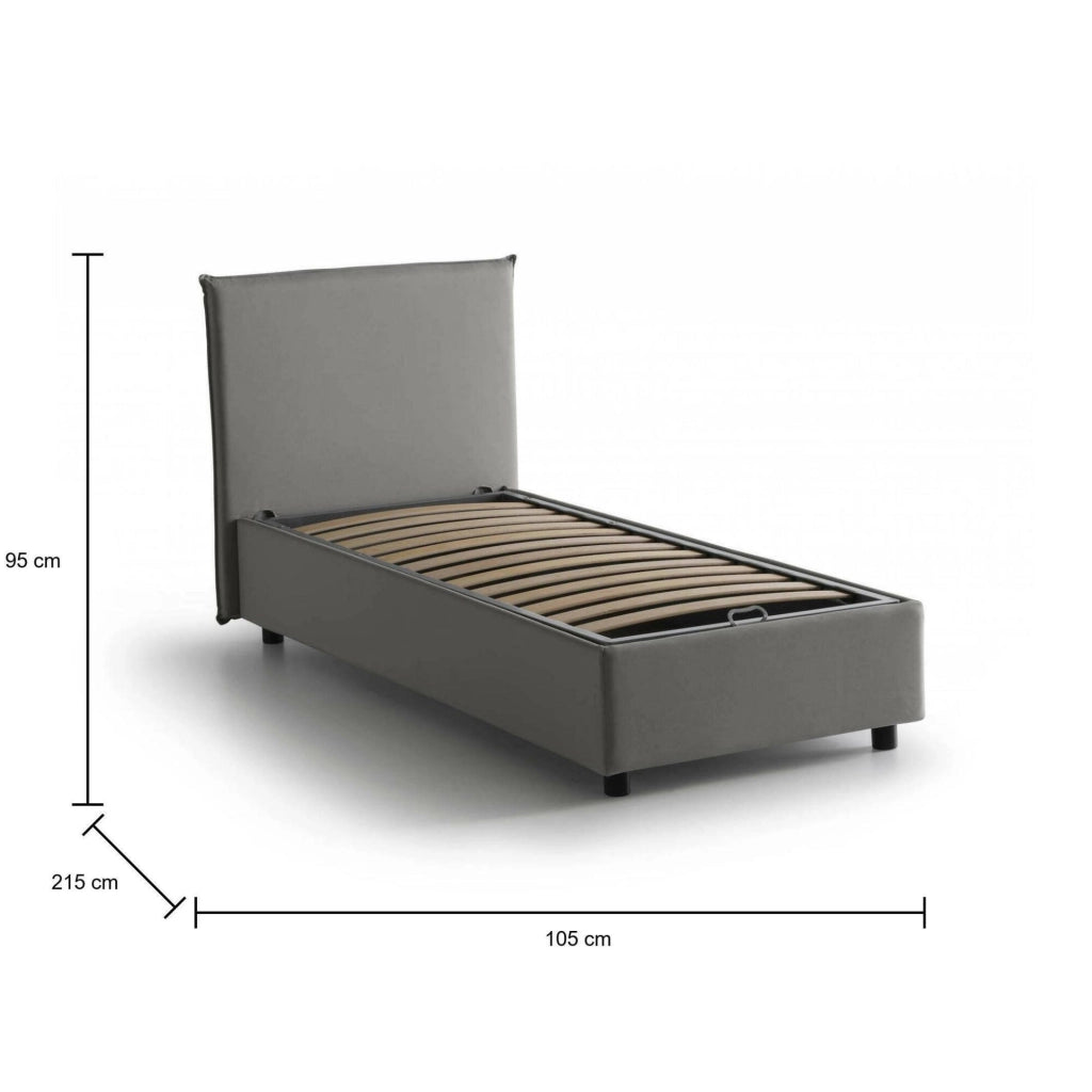 Letto singolo Alder, Letto contenitore con rivestimento in tessuto, Made in Italy, Apertura frontale, adatto per materasso cm 90x200, Grigio