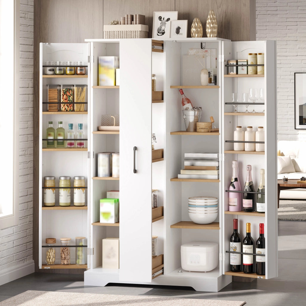 Mobile cucina con doppia anta, estraibile verticale a 4 livelli, ripiani regolabili e struttura in MDF - 150 x 78 x 40 cm, Bianco