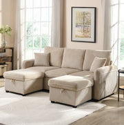 Divano 3 Posti Trasformabile con 2 Pouf Contenitore e 2 Cassetti; Velluto a Coste Beige