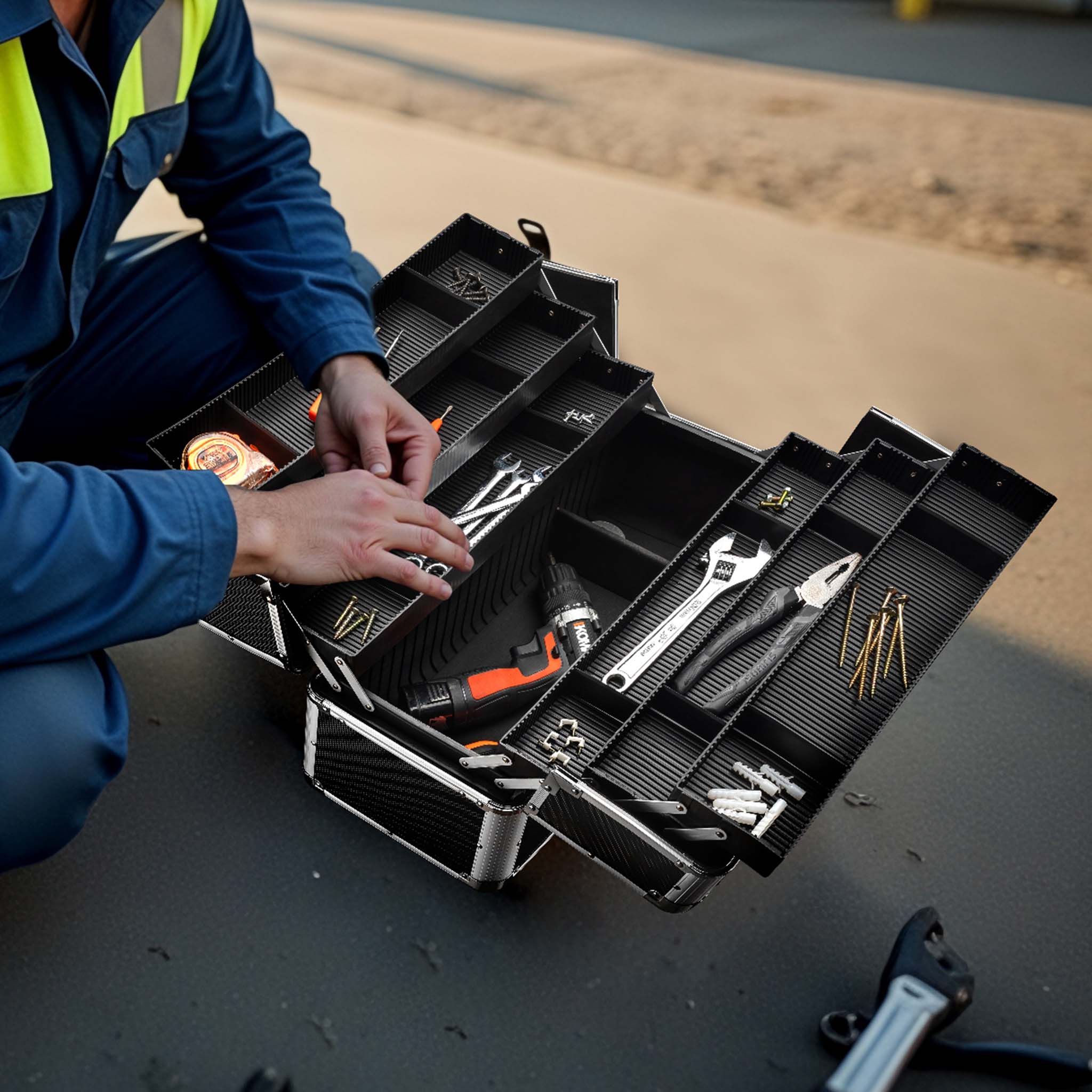 Cassetta attrezzi vuota in alluminio con 2 chiavi, valigetta universale per attrezzi 45 x 32 x 22,5 cm, hobby, lavoro, cassetta portautensili con separatori,