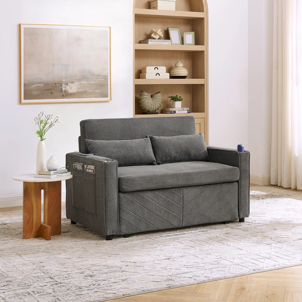 Divano letto 3 in 1 con sistema scorrevole e porte USB in legno e tessuto grigio scuro 195 × 134 × 73 cm