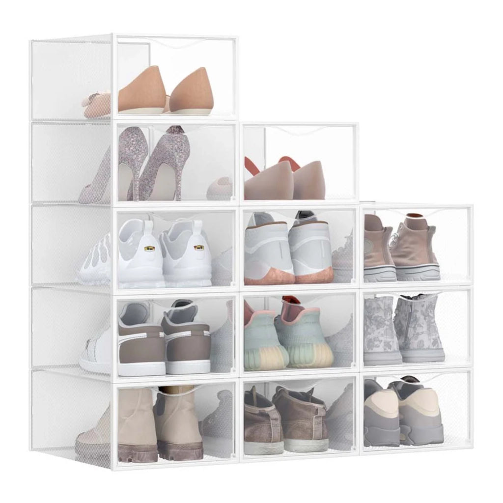Scatole portascarpe in plastica con sportello set da 12 pezzi impilabili facile da montare 332 x 23 x 145 cm per scarpe fino alla misura 43 trasparenti e bianche 12_0004463