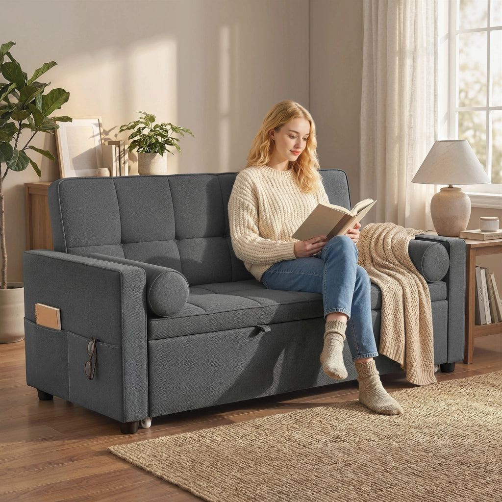 Divano letto 2 posti con letto gigogne e cuscini ¨C zephmum ¨C grigio 80,5x137,5x84 cm