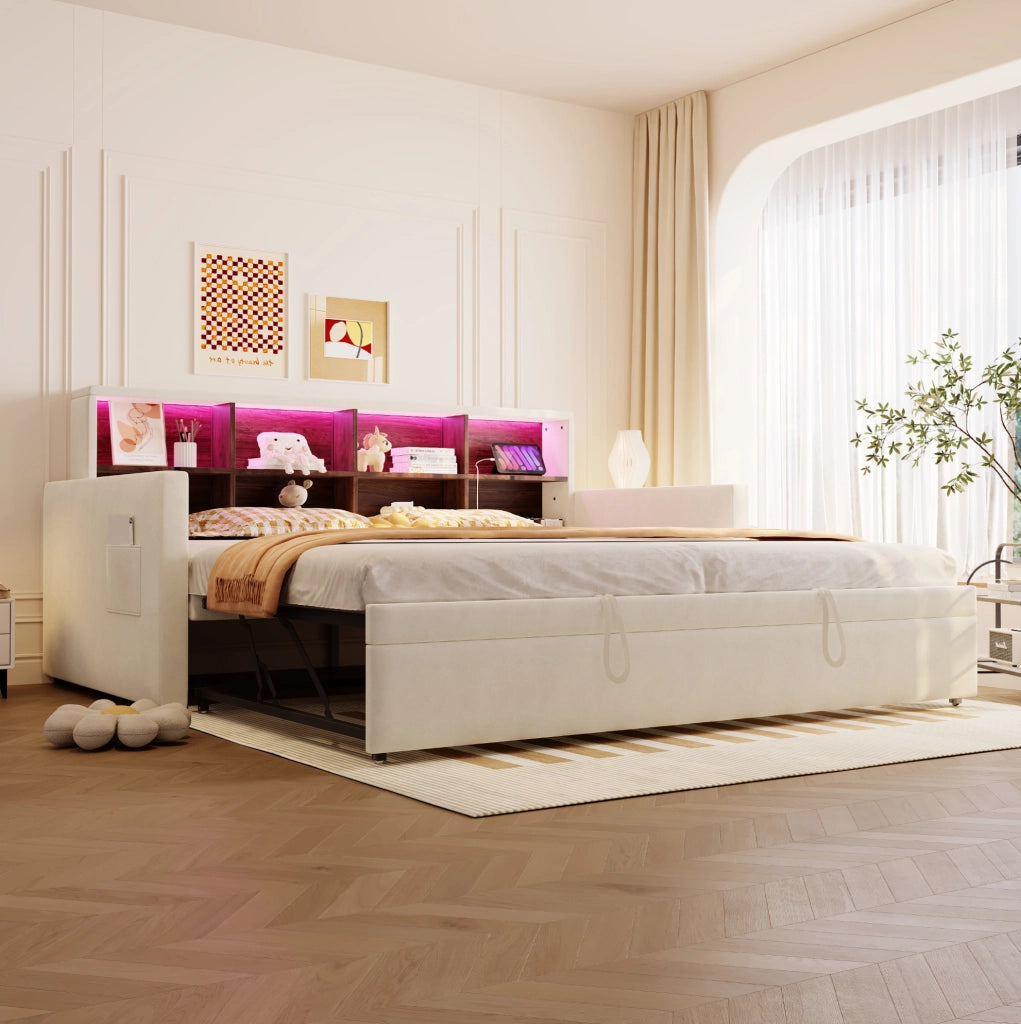 Divano letto imbottito 90x190 cm con letto estraibile; LED; prese USB/Type-C; velluto beige