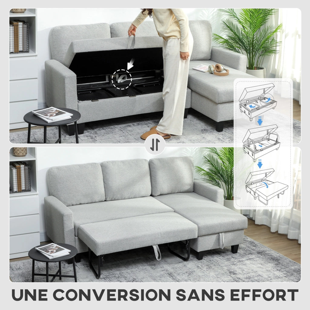 Divano letto angolare reversibile 3 posti con contenitore ¨C zephmum ¨C 197x129x85 cm grigio chiaro