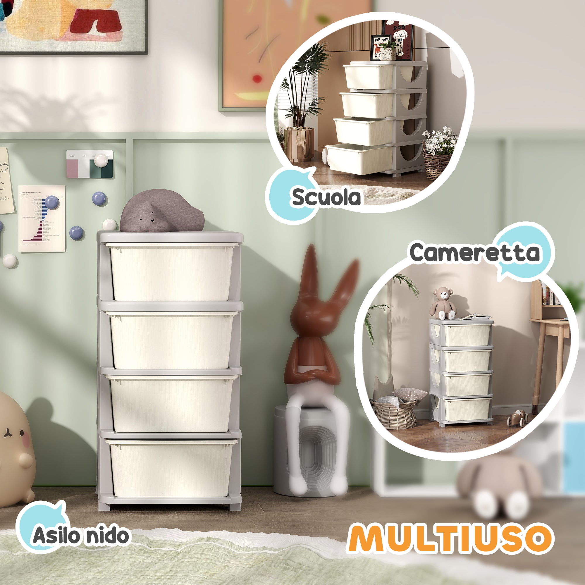 Cassettiera per Cameretta 4 Cassetti 37x37x76 cm in Plastica Crema