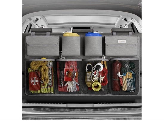 Organizzatore di bagagliaio auto - 3a generazione [doppia capacità] organizzatore di bagagliaio auto, dotato di [rete elastica robusta & 4 struttura a maniglia], contenitore di bagagliaio auto, sacchetto di trasporto bagagliaio auto (grigio)