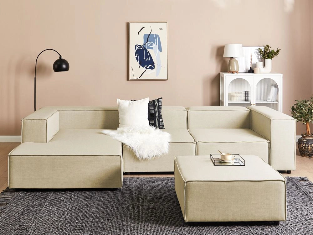 Divano modulare a destra Beige Lino 3 posti con ottomana Divano angolare componibile con gambe nere Soggiorno moderno