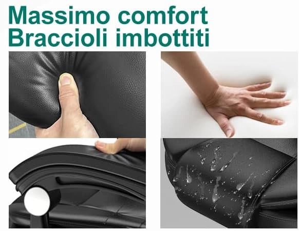 FENIXSHOP24 Poltrona/Sedia Ufficio Ergonomica Presidenziale Reclinabile e Direzionabile con Braccioli Imbottiti e Altezza Regolabile,con rotelle – Nera HLD-809