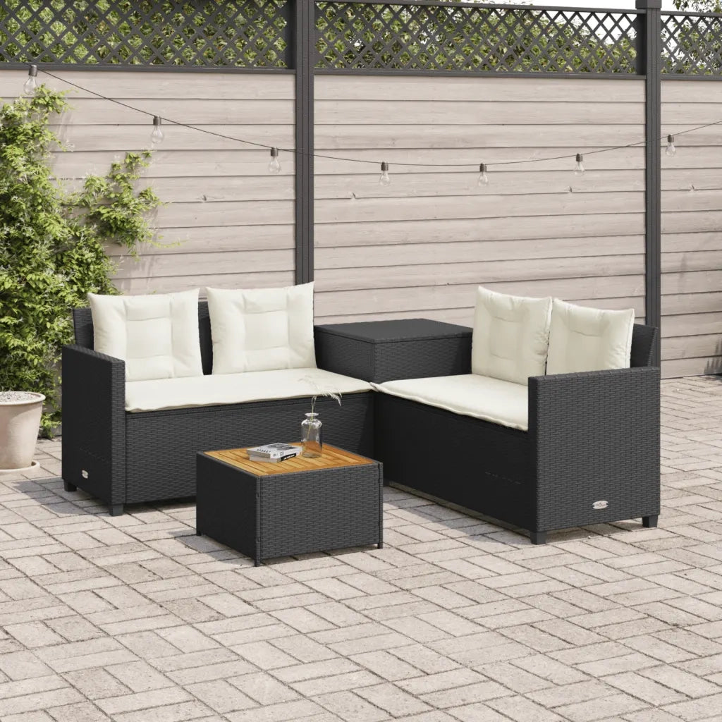 Divano da Giardino con Tavolo e Cuscini a L-Sofa da Giardino-Divano da esterno Nero in Polyrattan 305482