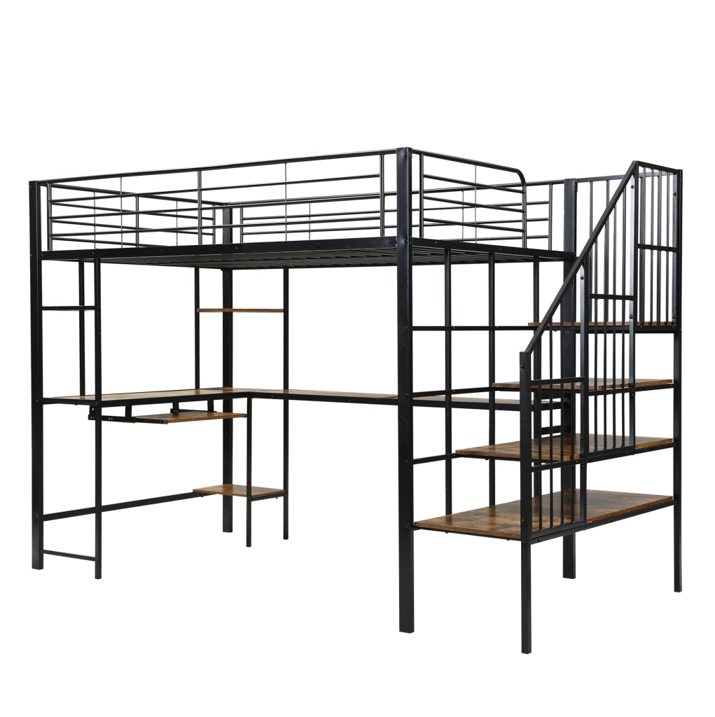 Letto a soppalco 120x200 cm con presa di ricarica; scala ad angolo e scrivania in ferro e MDF nero e noce scuro