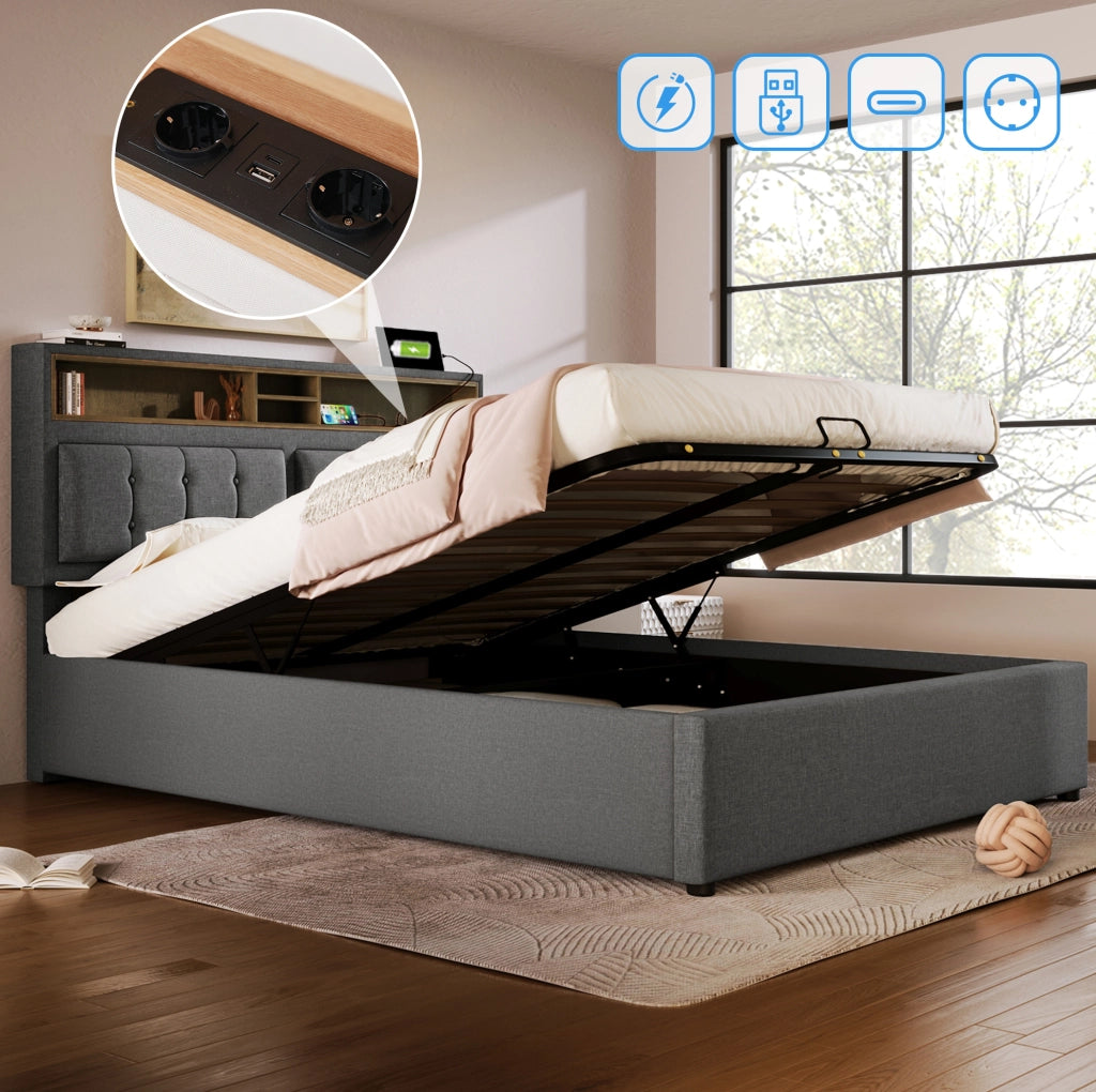 Letto imbottito 160x200 cm con USB-C e contenitore