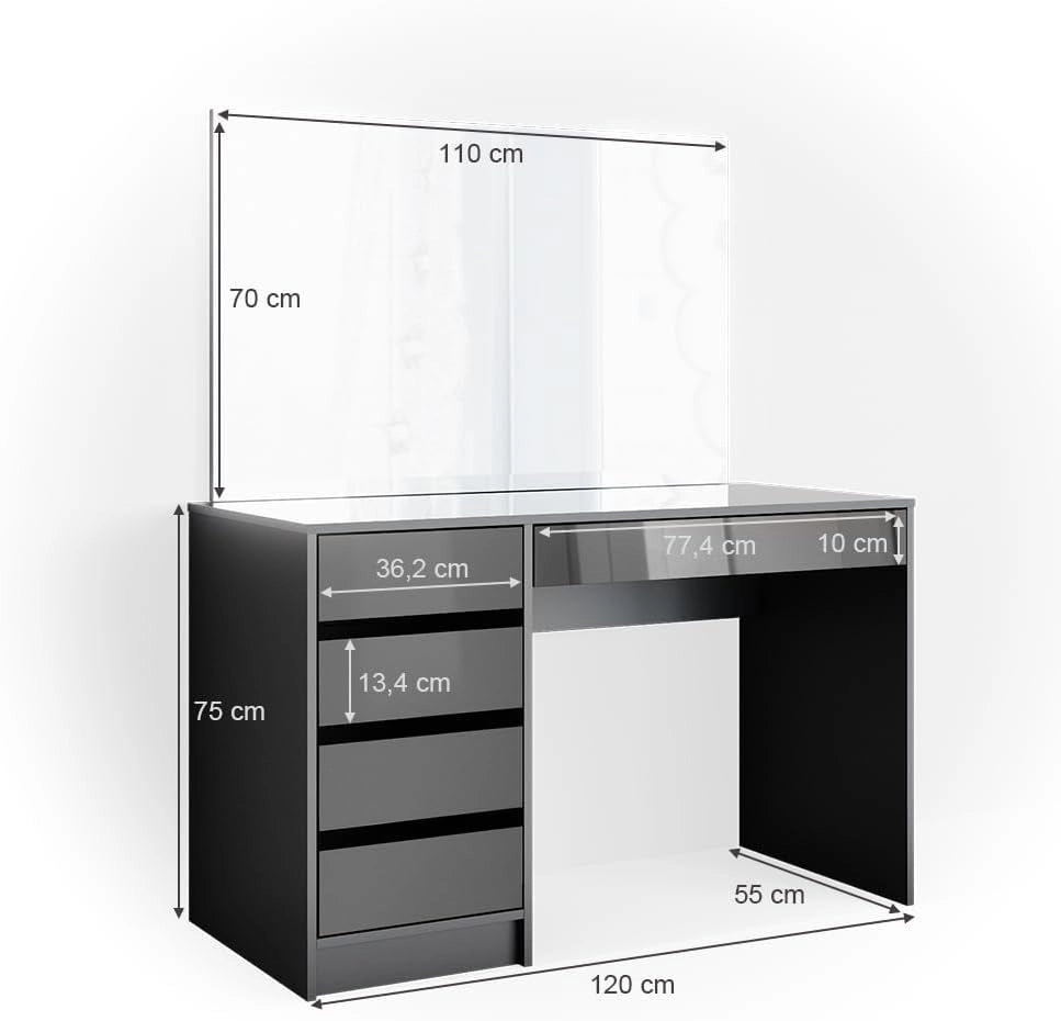 Vicco Tavolo da toeletta Sherry, Antracite, 120 cm, con specchio rettangolare per l’uso quotidiano