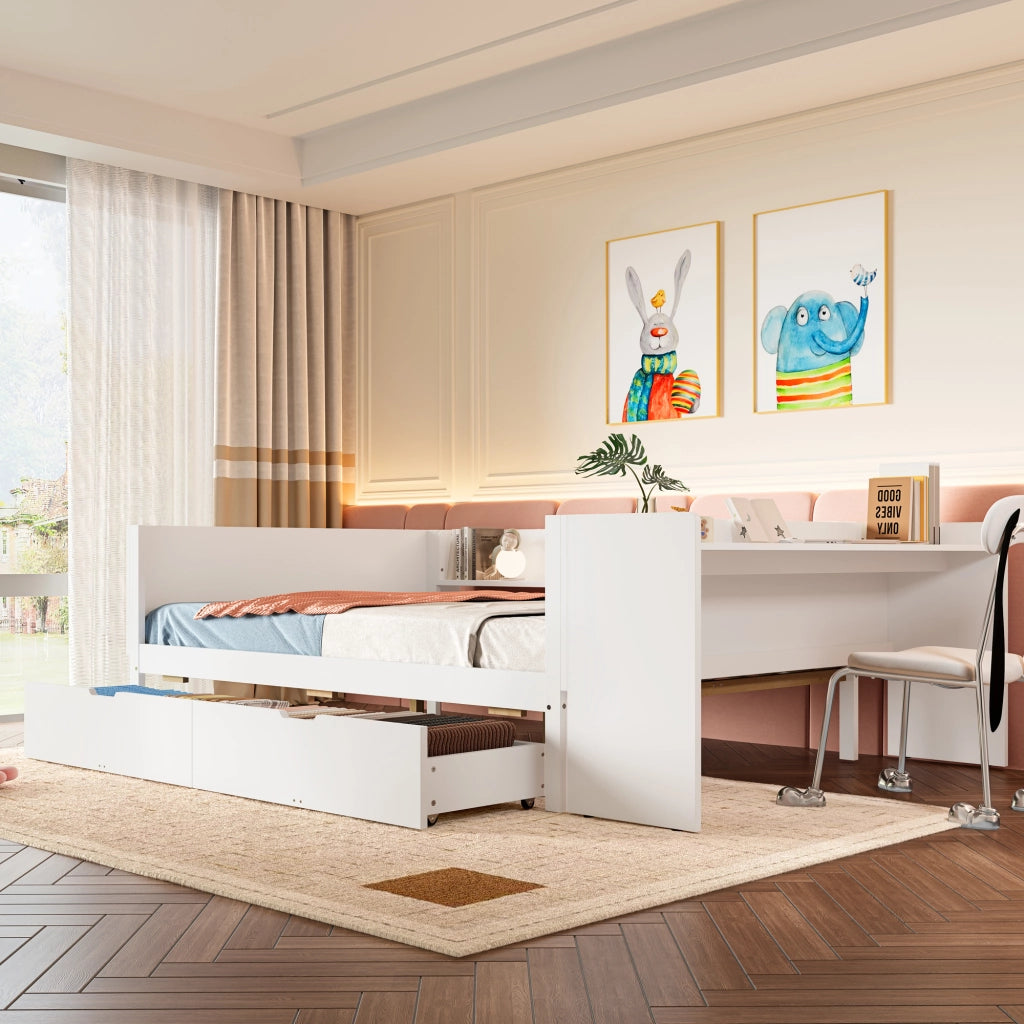 LETTO matrimoniale 140x200 cm bianco in pino, con scrivania, cassetti e ripiani