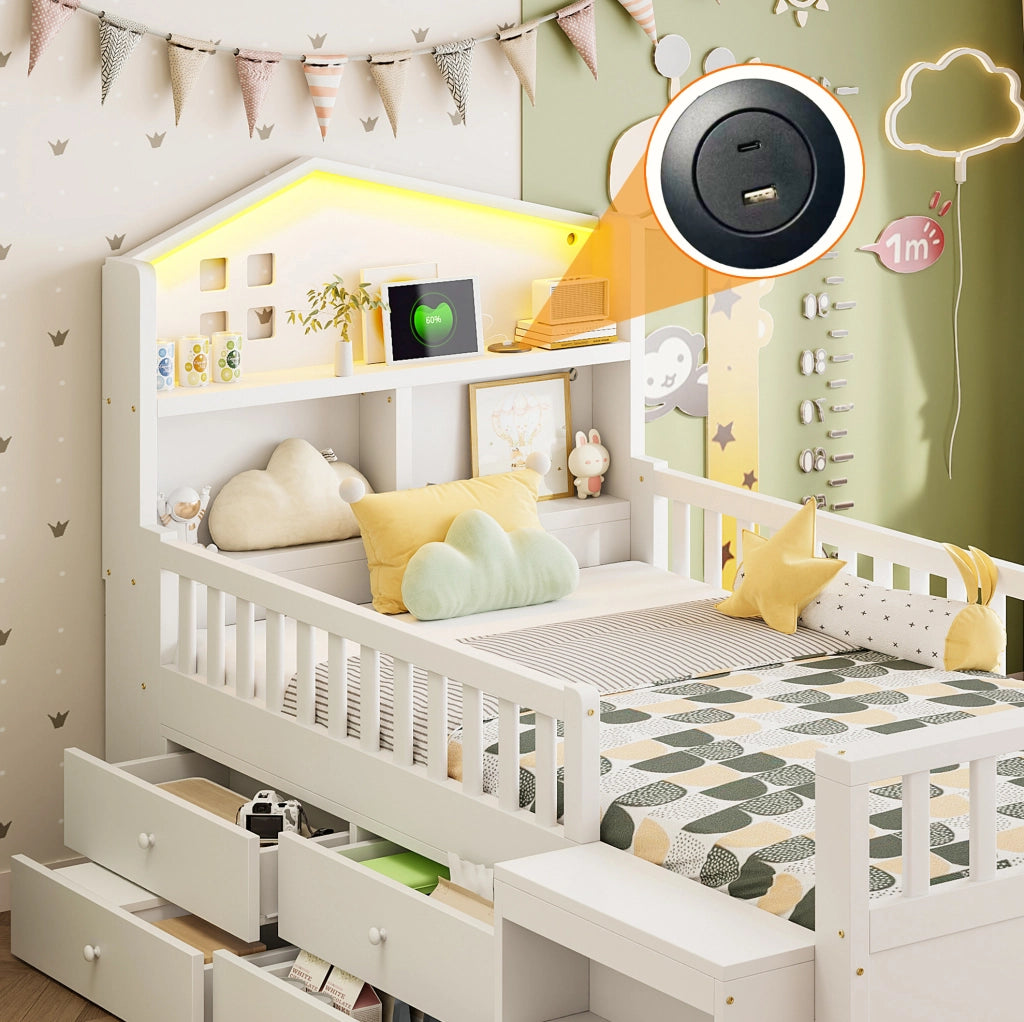Letto per bambini 90x200 cm con 4 cassetti, LED, USB e USB-C bianco