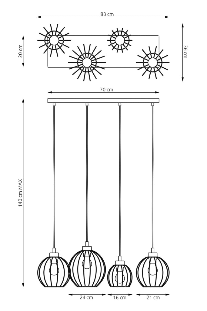 Lampada sospensione loft nero-oro 4 luci Nando E27 Emibig