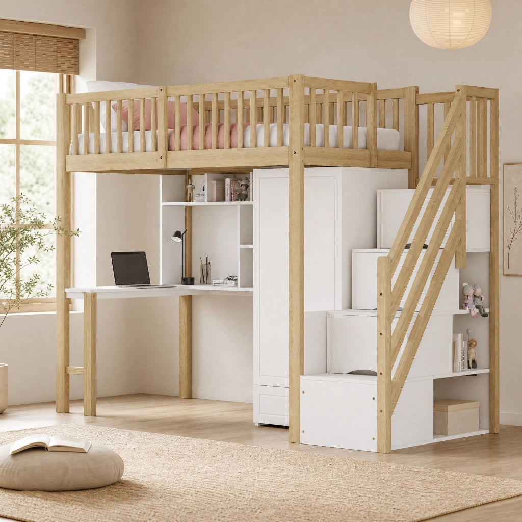 Letto a soppalco 90x200 con armadio, scrivania e scala
