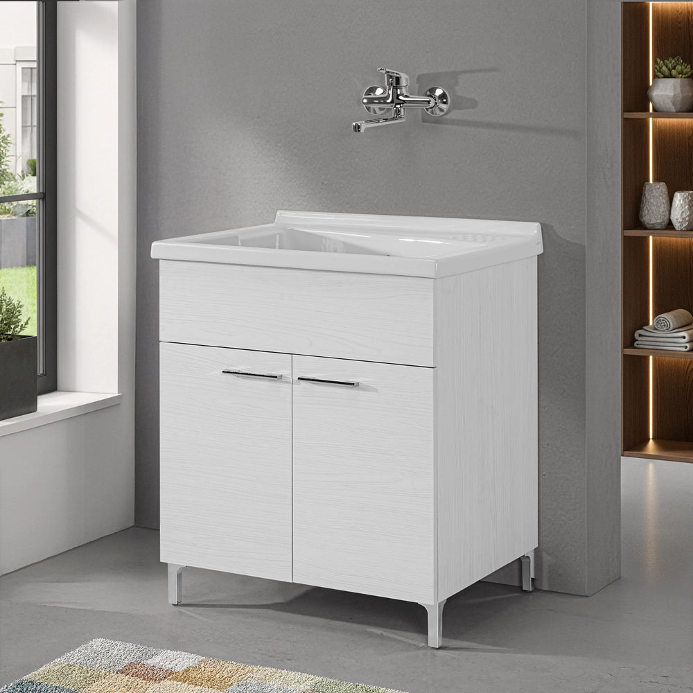 Mobile lavatoio 75x60cm bianco frassino con due ante e vasca in ceramica Revine