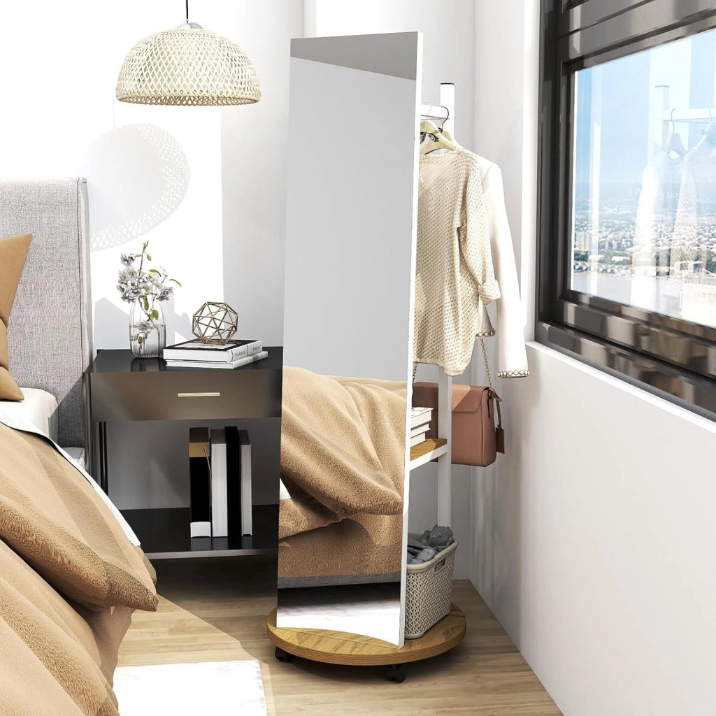 Appendiabiti con Specchio a Figura Intera, Appendiabiti Autoportante con 3 Ganci e Ripiani per Stoccaggio, Specchio da Terra con Ruote per Camera da Letto e Ingresso (Naturale)