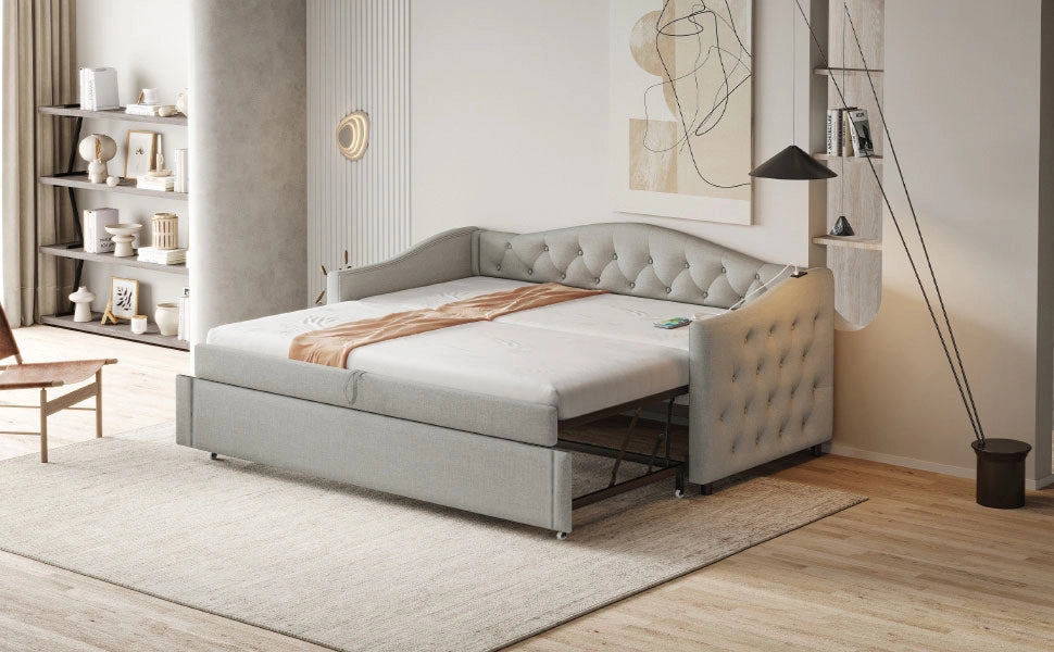 DESMIU Divano Letto 90 × 200 cm 1 posto con USB, senza materasso, in lino, grigio