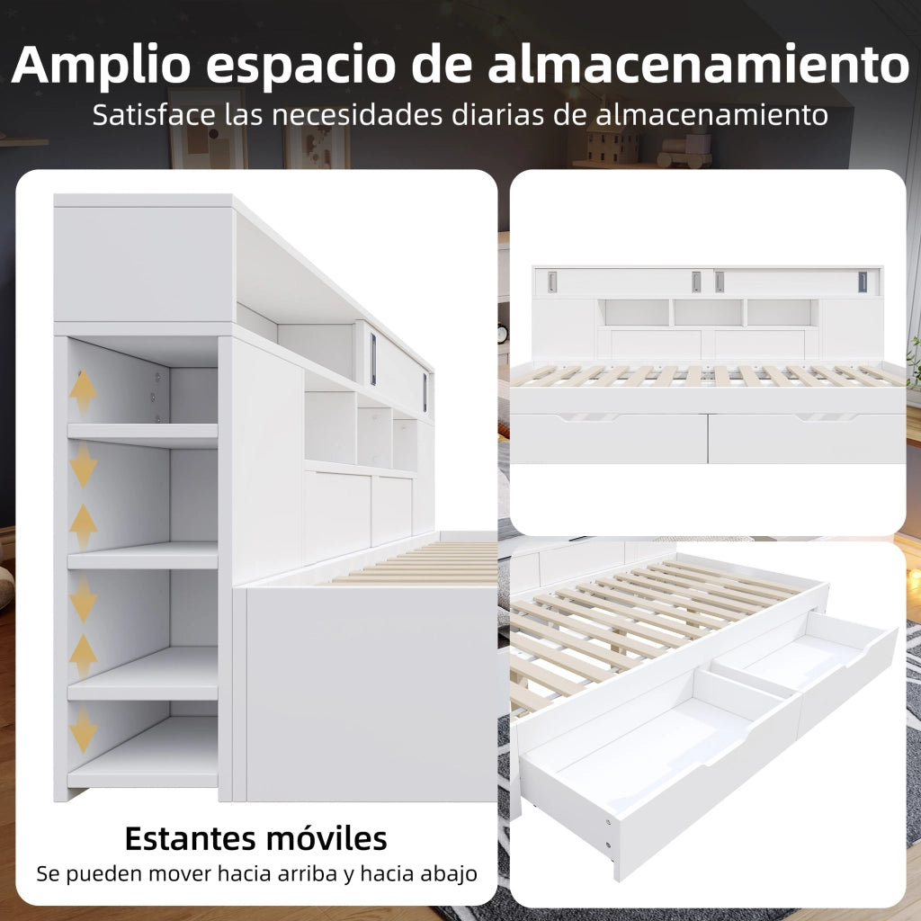 LETTO singolo multifunzionale 140x190 cm bianco in MDF con cassetti