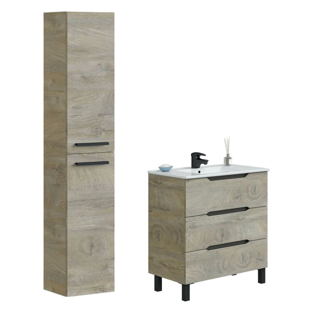 Sortino, set Mobili Bagno 3 Cassetti, Marrone Quercia