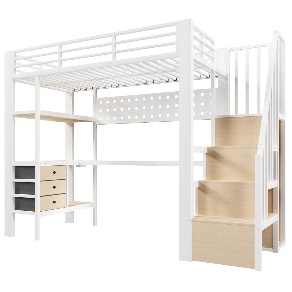 Letto a soppalco singolo 90×200 cm con scrivania; cassetto; LED e presa; senza materasso; MDF e metallo; bianco