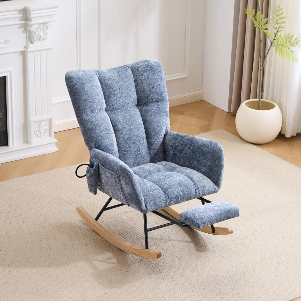 Sedia a dondolo con schienale alto; cuscino regolabile in chenille blu